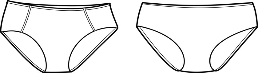 Women’s underwear fashion design template, classic panties front and back view, lingerie apparel illustration, seamless vector mockup for clothing design