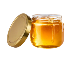 Open Honey Jar with Honey Dripping, isolated on transparent background