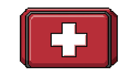 Obraz premium Vibrant pixel art icon depicting a red first aid kit with a prominent white cross, ideal for digital health applications, game interfaces, and emergency assistance designs on a clean background