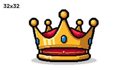 Pixel art golden crown with red jewels and blue gems, regal symbol of royalty and power