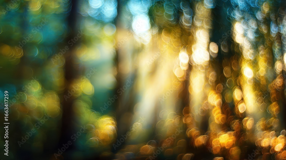 Poster sunlight filters through trees creating a dreamy atmosphere in a forest during early morning