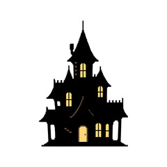 Fototapeta premium Vector illustration of a spooky haunted house silhouette with glowing windows, a creepy mansion icon