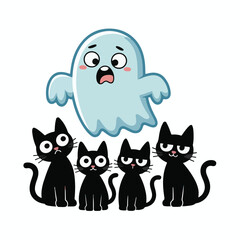 Scared Ghost Floating Above Four Black Cats halloween