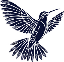Stylized Dark Blue Hummingbird in Flight flying wings spread