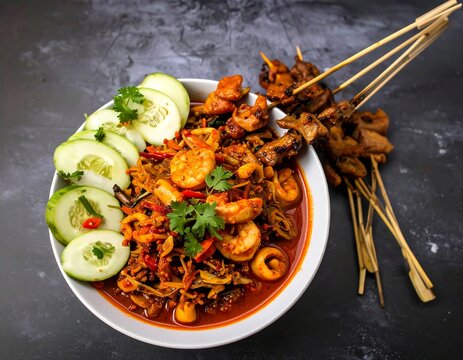 Kwetiaw goreng seafood with satay skewers, and pickles, colorfull and spicy
