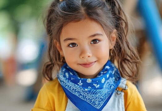 A little girl wearing a blue and white bandana with small flowers on it, a yellow shirt tied around her neck, playing in the children's park