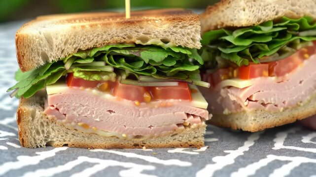 Delicious sandwich with fresh vegetables and sliced meat filling