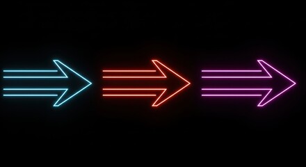 Neon arrows pointing right in blue, red, and pink colors on black background  