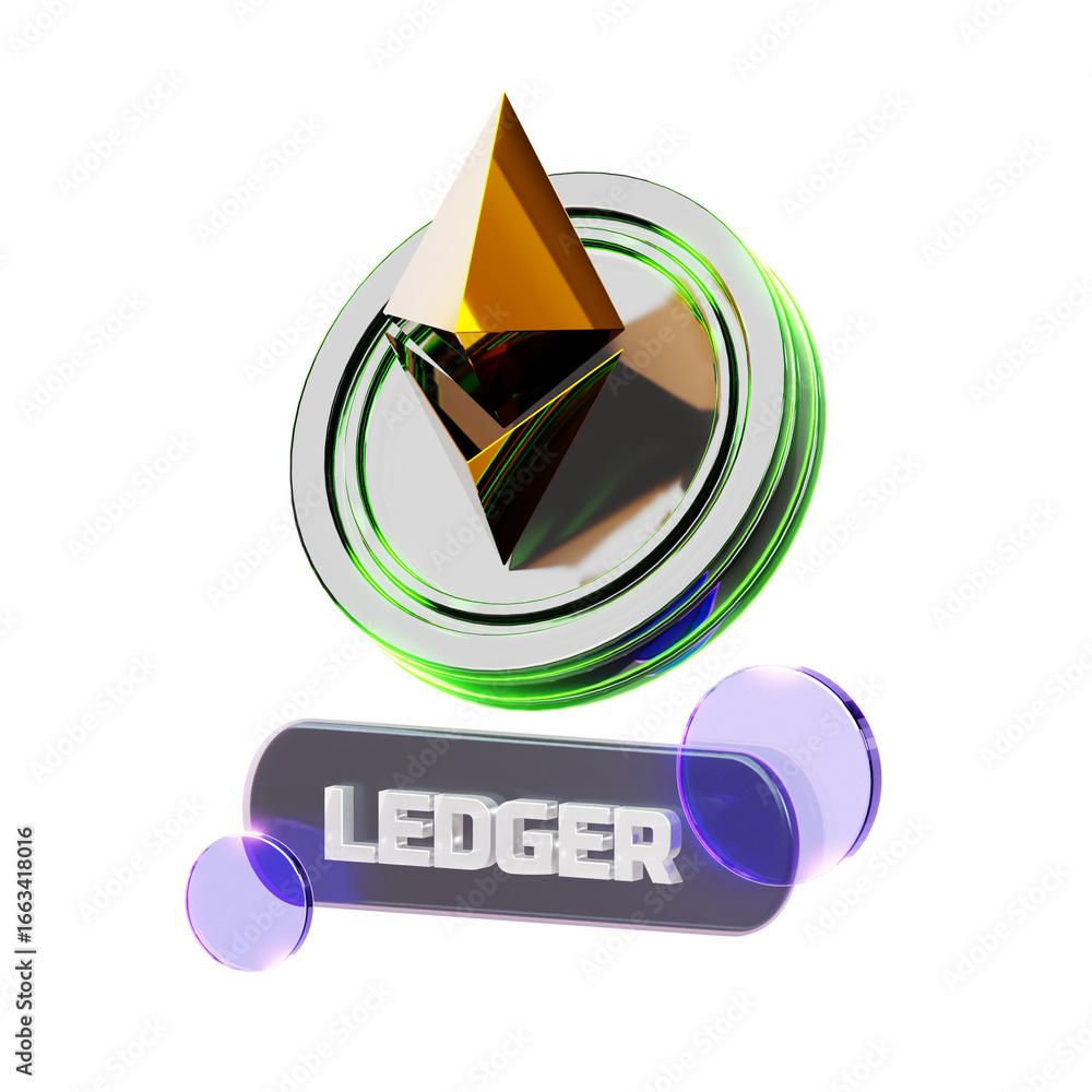 Poster 3d rendered digital asset symbol with a reflective coin and text, surrounded by translucent spheres.