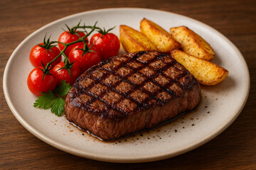 Grilled beef steak with potatoes and tomatoes on plate