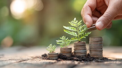 Hand Placing Seedling on Growing Coin Stacks Symbolizing Sustainable Investment