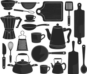 Kitchen utensils and cookware silhouette vector set, frying pan, kettle, cutting board, whisk, knife, moka pot, teapot, grater, rolling pin, mug