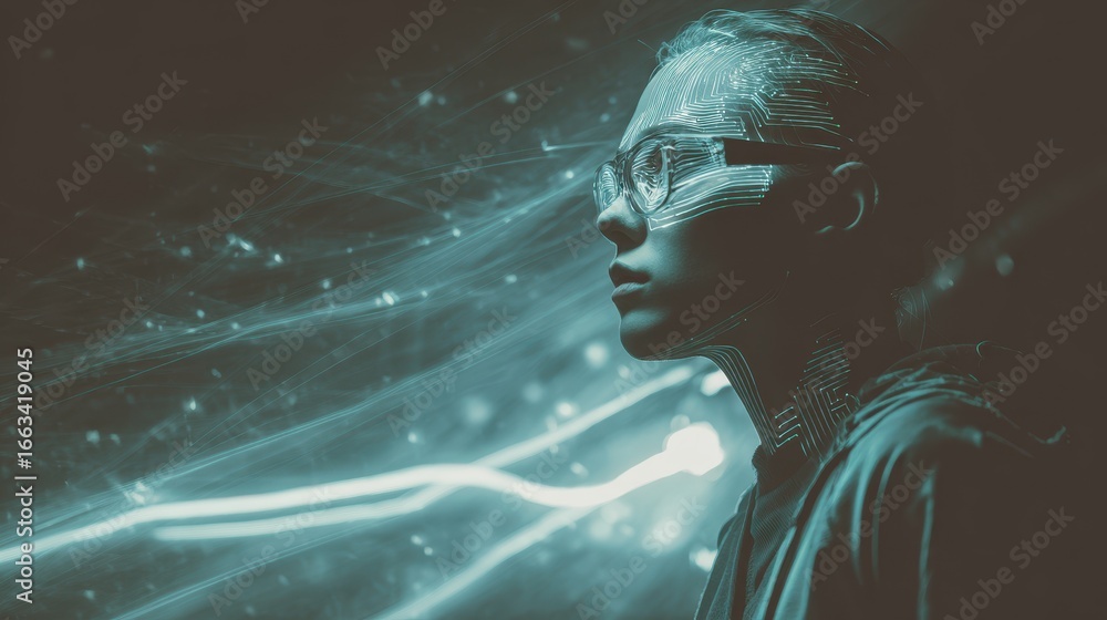 Poster digital persona emerges in a futuristic setting with glowing lines and a tech-inspired background