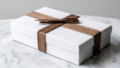 White Gift Box With Brown Wooden Ribbon