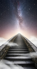 Winding stone staircase above clouds under starry night sky