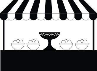 Market stall silhouette with striped canopy, bowls of fruit display, black vector illustration, farmers market or street vendor design element