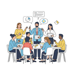 Diverse group of people sitting around a table, meeting and discussing ideas, fostering inclusivity and collaboration