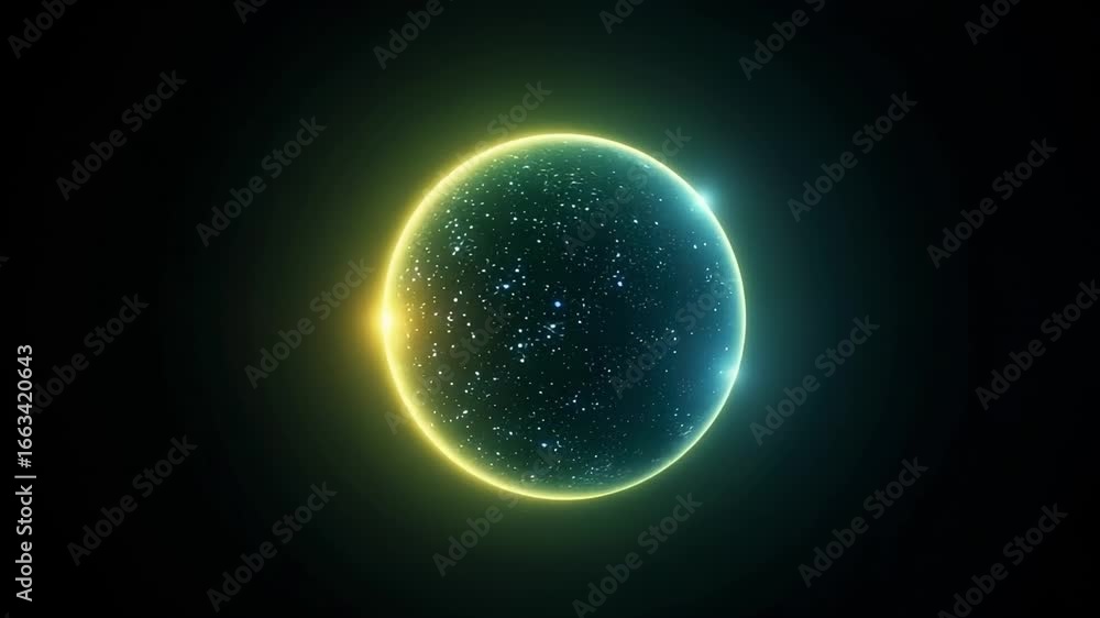 Poster glowing planet animation: mesmerizing orb with cosmic dust and energy fields, space background effec