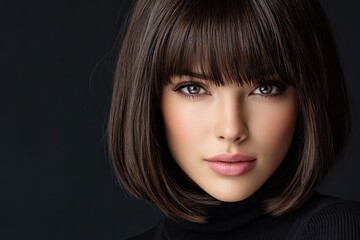 Naklejka premium a model with straight, brown, bob-style hair with bangs, against a dark background