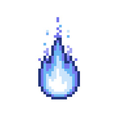 Fototapeta premium Vibrant pixel art blue flame icon with rising spark effect, magical digital fire energy symbol