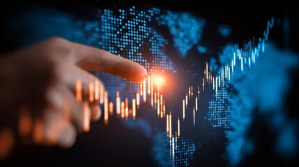 Hand Touching Digital Financial Chart Over World Map Interface