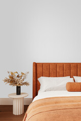 Transparent PNG Close-Up of Halloween Bed with Orange Blanket, Pumpkins, and Autumn Vase – Isolated Interior with Shadow