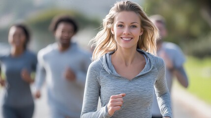 Morning Run with Friends: A diverse group of friends embark on a brisk morning run, the leader's smile radiates determination and energy against the backdrop of a sunny outdoor setting.
