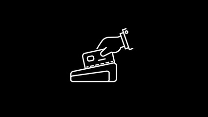 Hand Holding Credit Card Near Payment Terminal Line Art Icon on Black Background machine