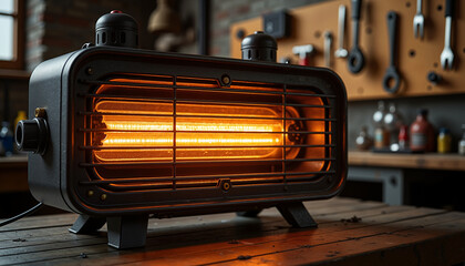 Modern infrared heater emitting warmth in workshop environment  