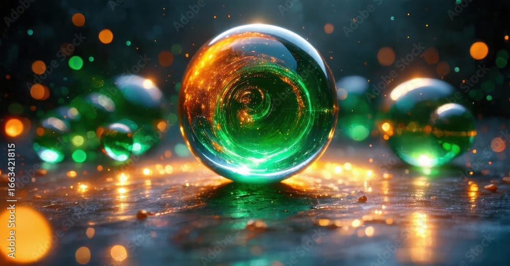 Poster Glowing spheres rest upon reflective surface. Vivid colors swirl within glass orbs, creating mesmerizing visual effect. Dark background enhances luminosity.