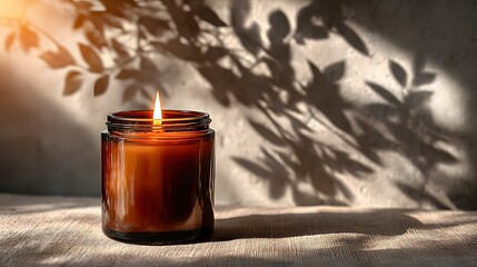Photorealistic shot of a lit candle in a chic amber glass jar with a blank white label on a linen surface. Warm sunlight casts soft, dappled leaf shadows on the wall behind.