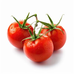 Three fresh, ripe tomatoes, clustered together, with water droplets on their skins and green stems attached