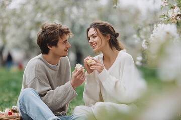 Fototapeta premium Spring Picnic: A loving couple shares a tender moment in a lush spring garden, enjoying a delightful picnic amidst the blooming flowers and natural beauty.