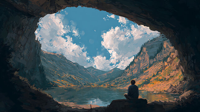  Young man contemplating his journey under a cave's mouth facing a gorgeous mountain view (2)
