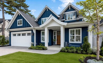 A navy blue craftsman-style home with white trim, large windows, and green grass in the front yard