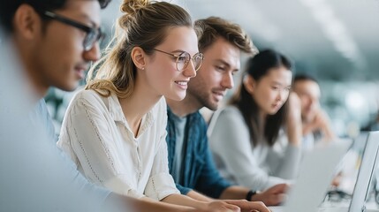 Collaboration & Innovation: Diverse group of students studying and working together in a light-filled environment, embodying the spirit of teamwork and shared learning. 