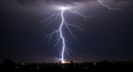 Dramatic lightning bolt striking urban skyline at night  