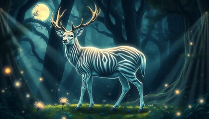 A celestial stag's luminous glow in an enchanted moonlit forest.