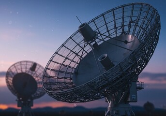 Giant satellite dishes stand tall against a beautiful twilight backdrop, symbolizing advanced communication technology, space exploration, and scientific research