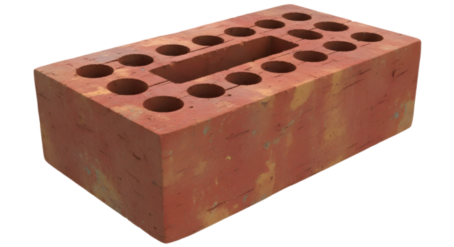 A single red brick with multiple circular holes and a central rectangular cavity, perfect for construction and DIY projects.