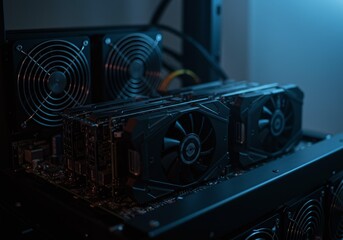 Powerful graphics processing units assembled in a dedicated rig for high-performance computing, essential for cryptocurrency mining operations and complex data processing tasks