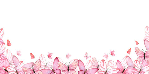 Horizontal board with delicate pink butterflies. Hand-painted watercolor illustration. Isolated on a white background. For spring and summer designs, invitations, greeting cards, postcards, packaging.