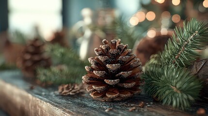 Fototapeta premium Festive Pine Cones And Evergreen Branches On Wooden Table