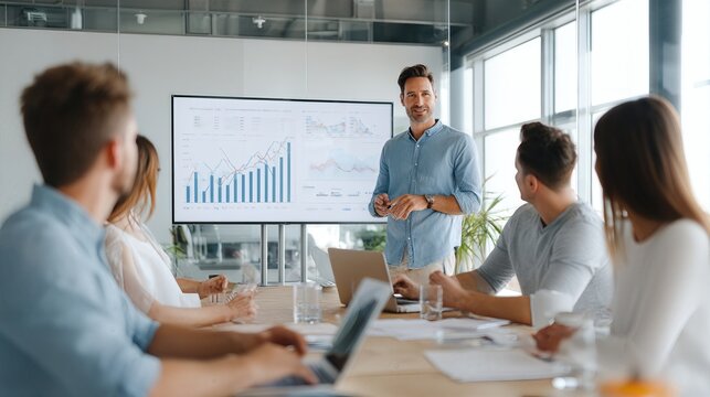 Boardroom Insights: A dynamic business presentation unfolds, with a confident presenter addressing colleagues. The scene is filled with energy.
