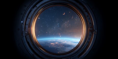 Spaceship window view. Porthole from rocket to dark sky with Earth, stars, planets. Shuttle with round glass window. Spaceship exploration or universe traveling. Created with.