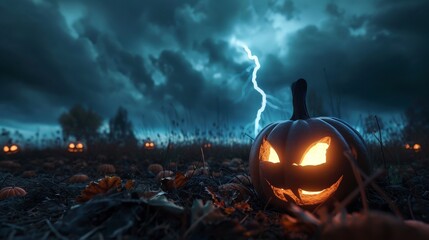 A spooky halloween night with a carved jackolantern glowing ominously under a dramatic stormy sky with lightning striking in the background, creating a terrifying and atmospheric scene