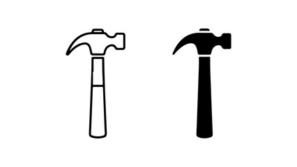 Minimalist Hammer Icons Set Featuring an Outline and a Solid Black Silhouette on a Clean White Background