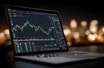 Laptop with stock market data on screen. Financial and trading concept.