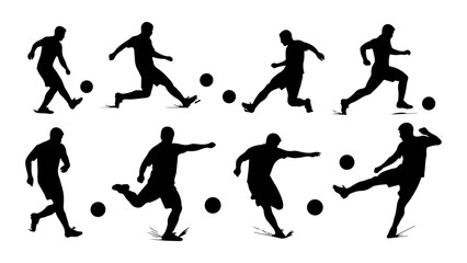 Collection of black silhouettes of a soccer player in various dynamic action poses, including kicking and dribbling, isolated on a white background.