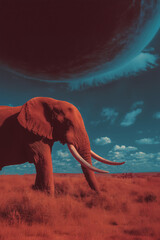 Naklejka premium A large elephant is walking through a field of red grass